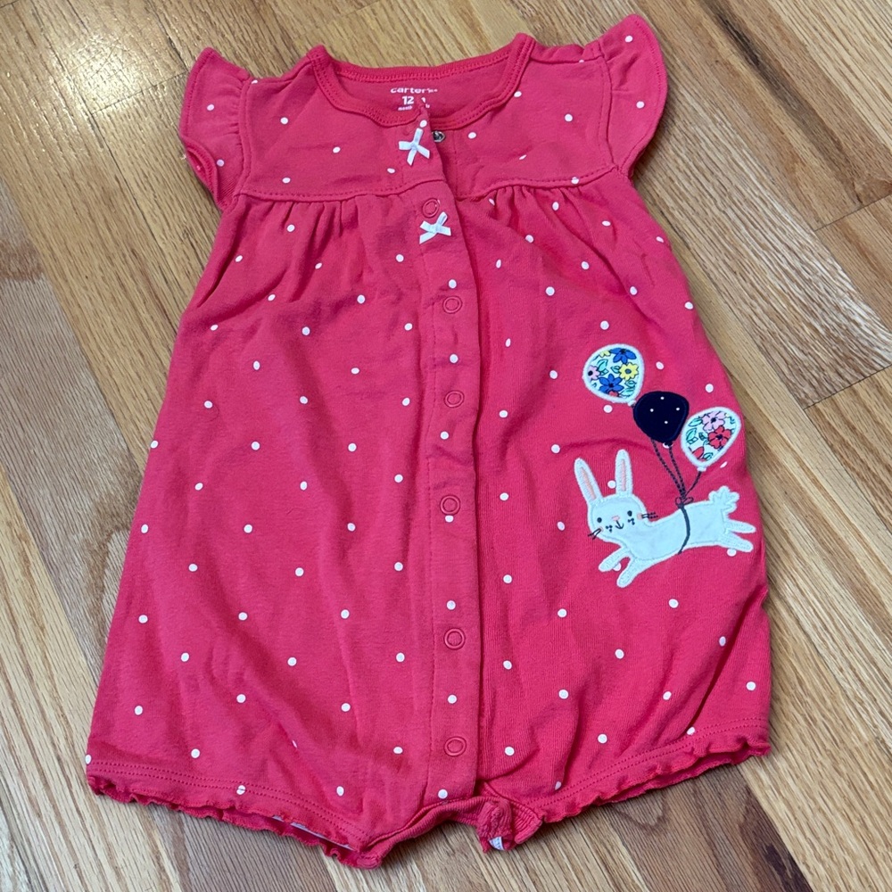 Carter's Pink Polka Dot Bunny Romper with Balloon Applique